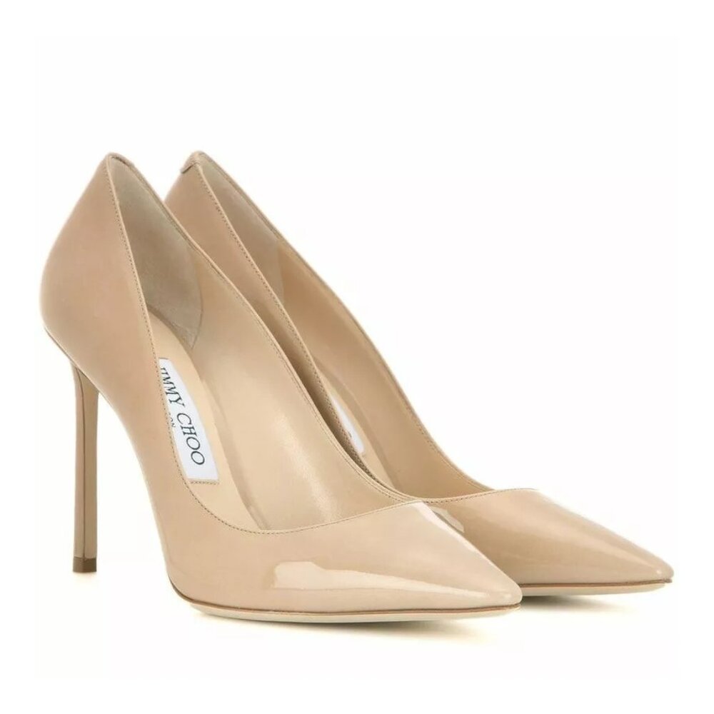 $700 JIMMY CHOO Romy Pump 4" 100MM NEUTRAL POINTY PATENT LEATHER 38 (SE18)